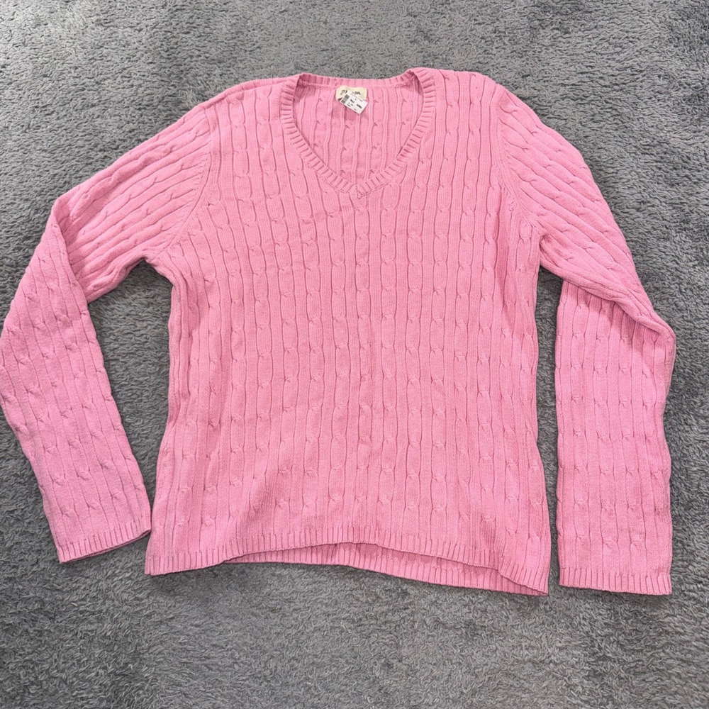 St. John's Bay Women XL V-Neck Cable Knit Sweater Pink Long Sleeve NWT